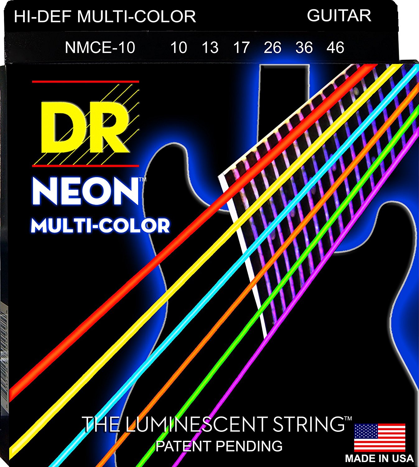 DR Strings NMCE-10 Hi-Def Neon Electric Guitar Strings. Multi-Color 10-46